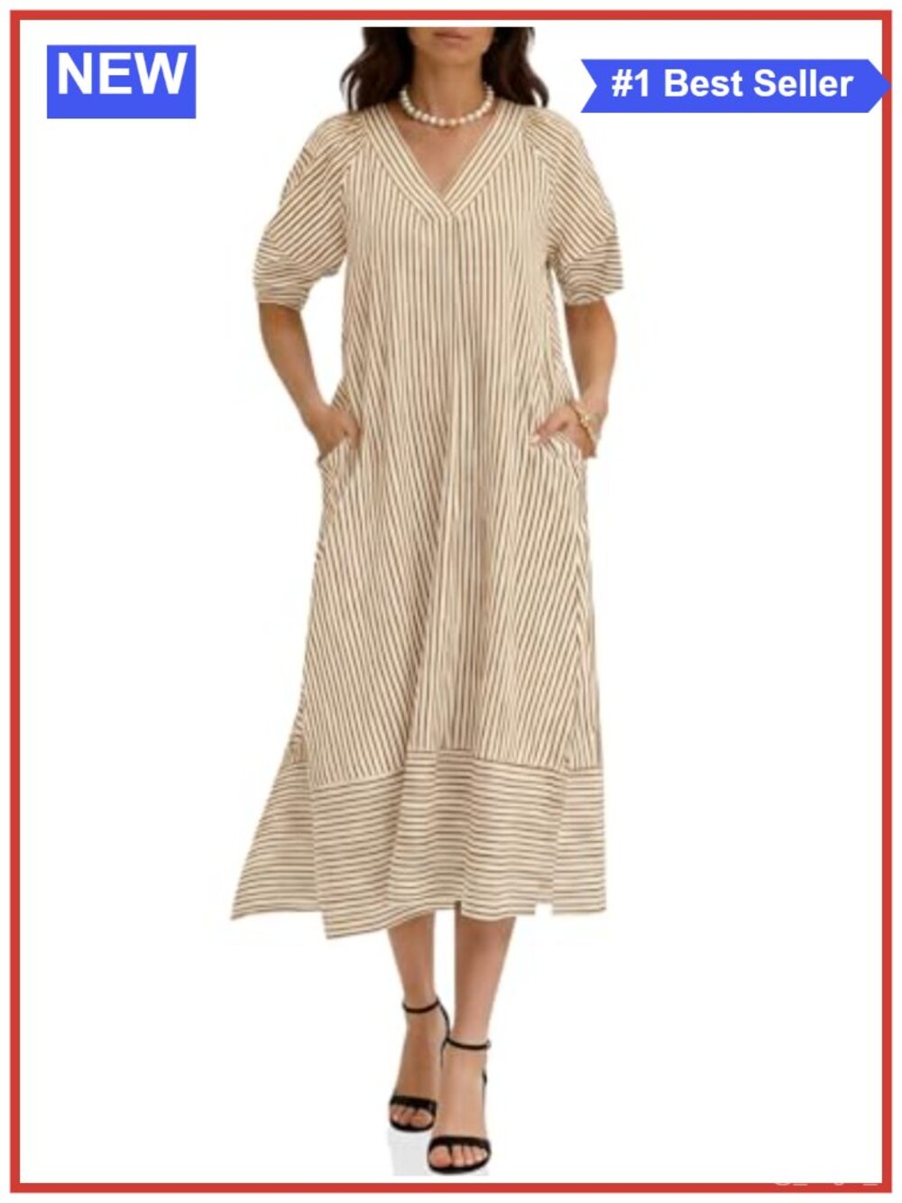 Womens Summer Midi Dress Striped Short Sleeve V Neck Loose Fit with Pockets